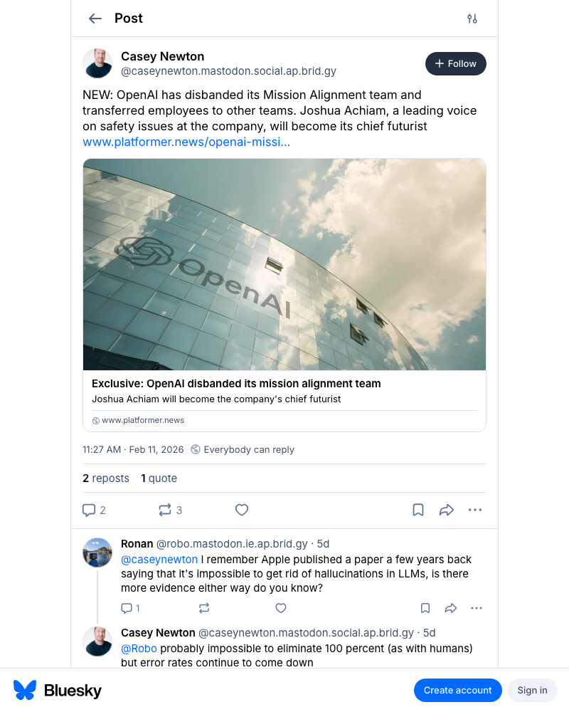 Casey Newton's Bluesky post reporting OpenAI disbanded its Mission Alignment team